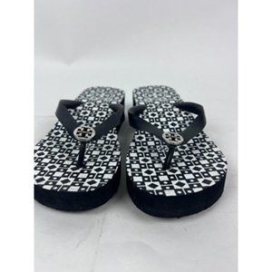 Tory Burch Black White Geometric Logo Wedge  Flip Flops Sandals Size 7